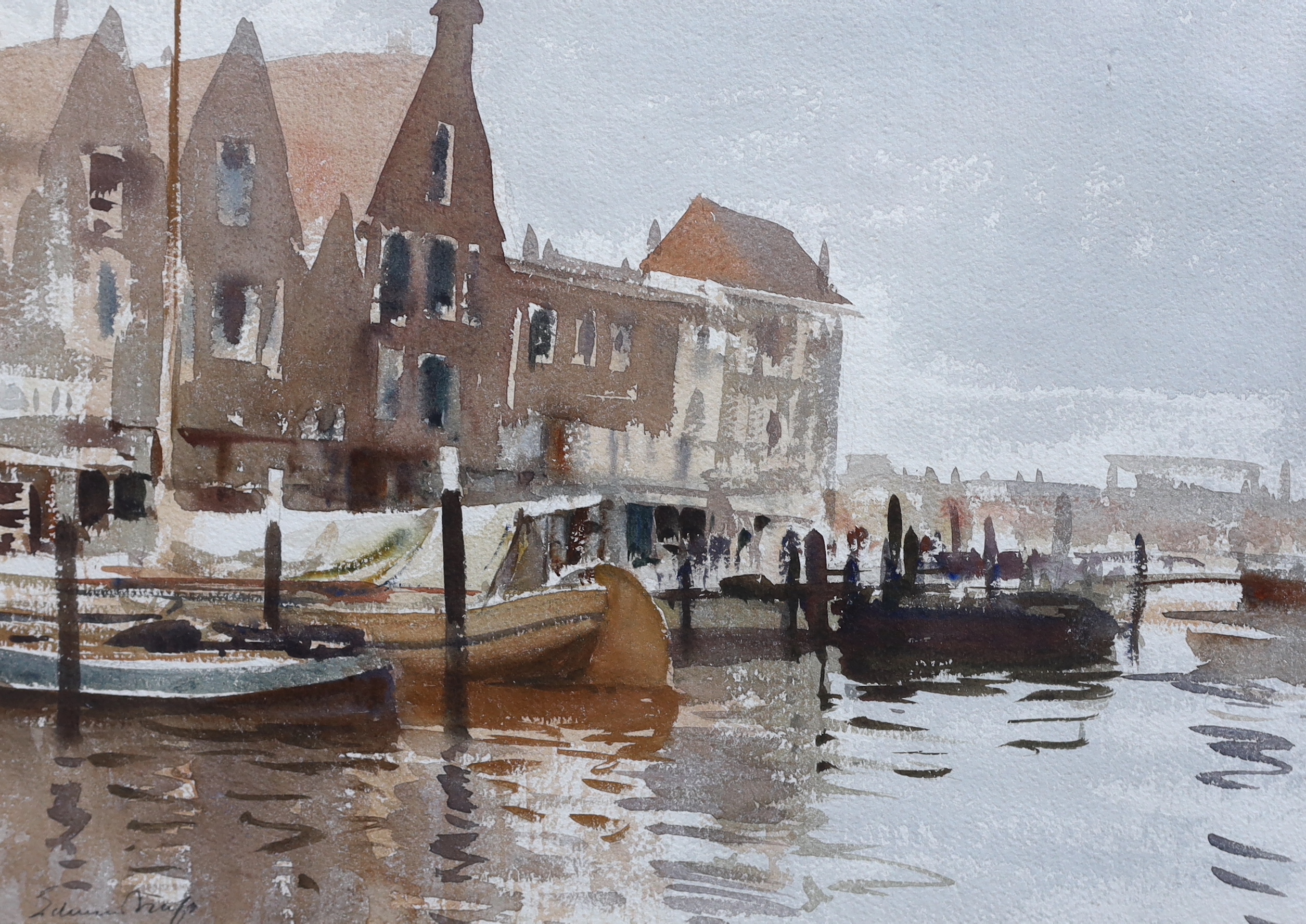 Edward Seago R.B.A., A.R.W.S., R.W.S. (British, 1910-1974), 'The Yacht Basin, Dordrecht', watercolour, 26 x 37.5cm
